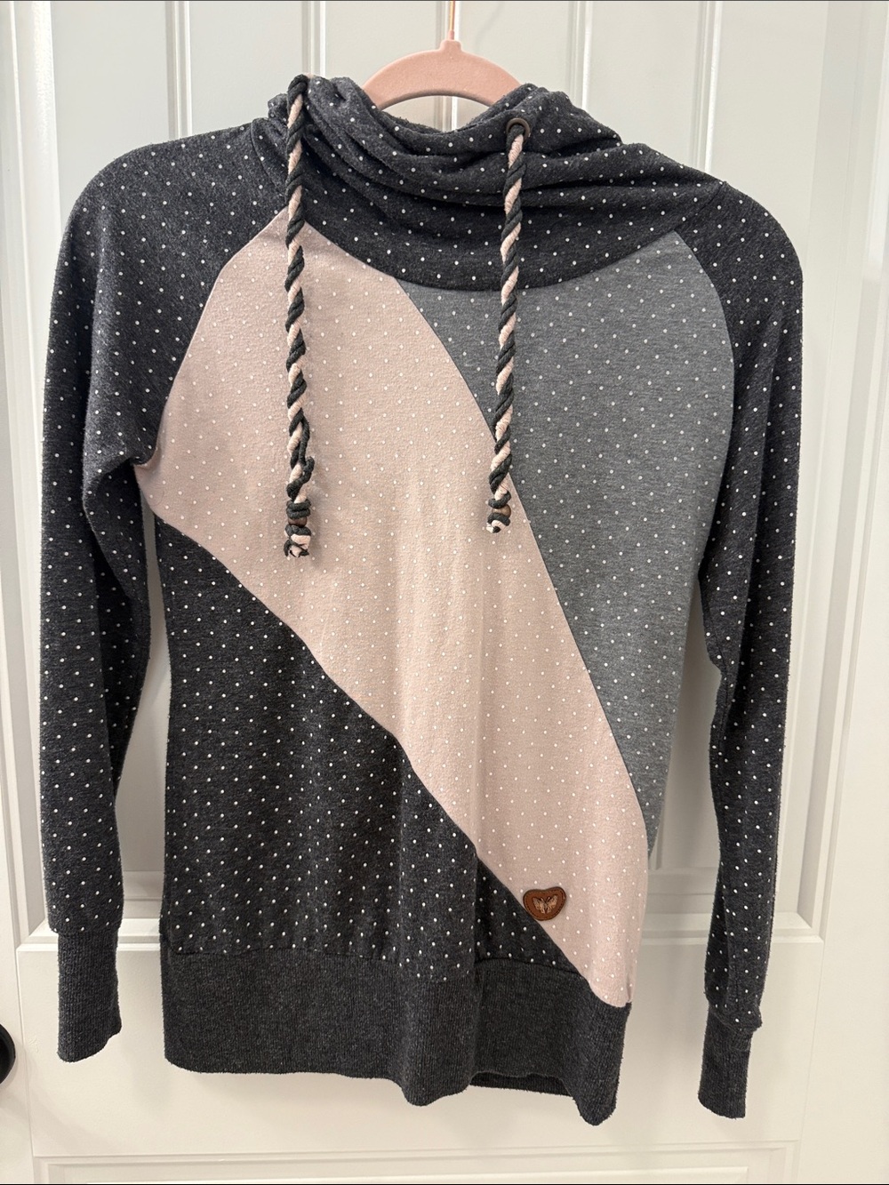 🔴 Crystal Doll Charcoal Gray and Blush Pink Diagonal Colorblock Hooded Sweater